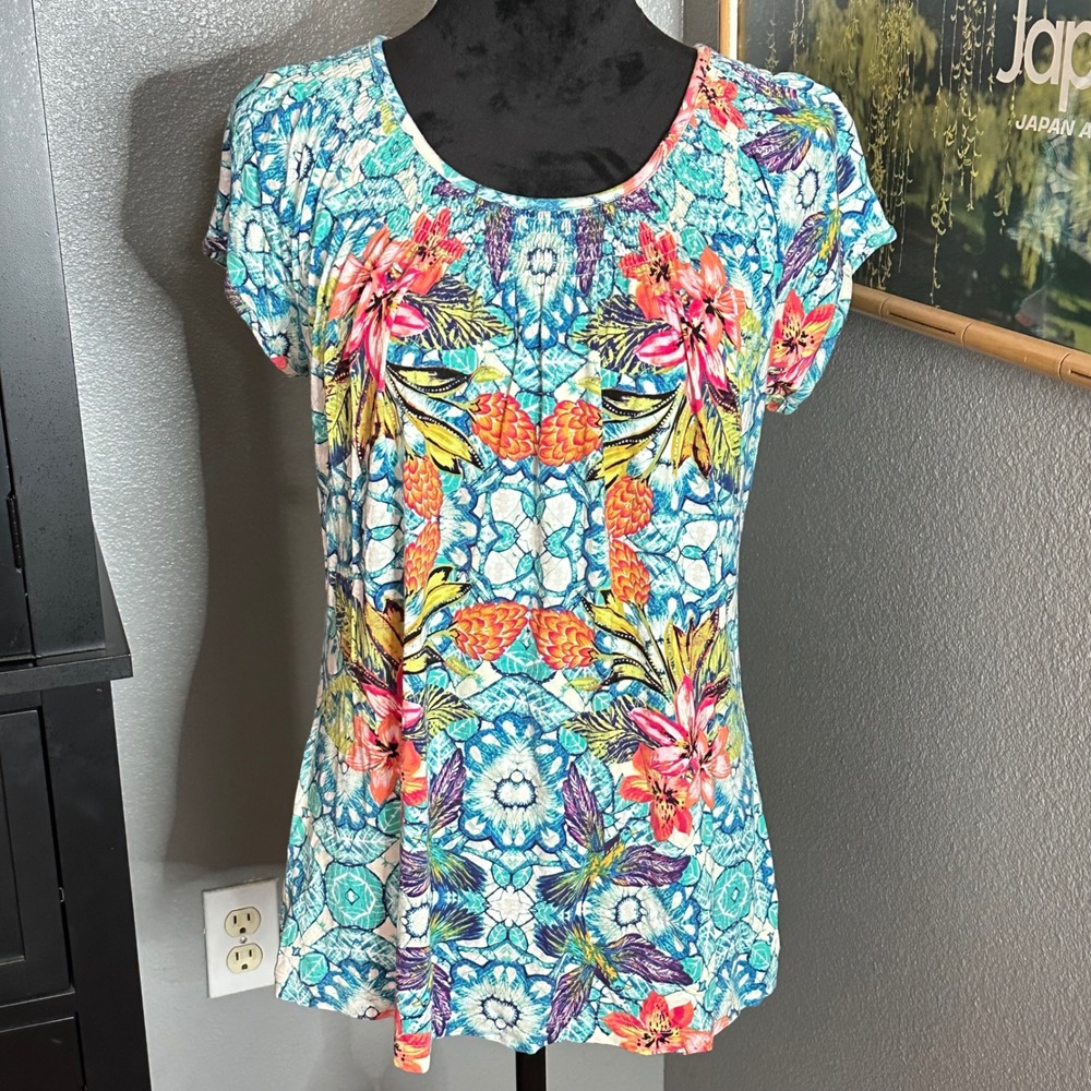 Christopher & Banks Womens Blouse Large Tropical Floral Boho Resort Vacation